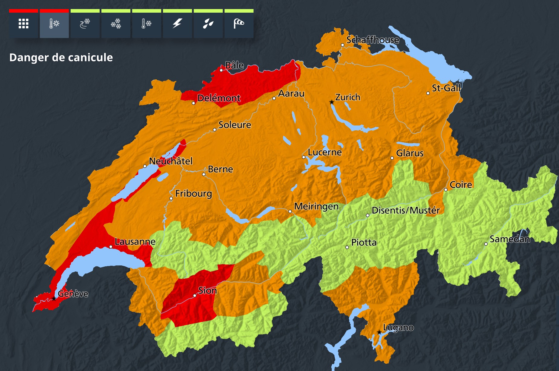 Weather warning map of Switzerland.