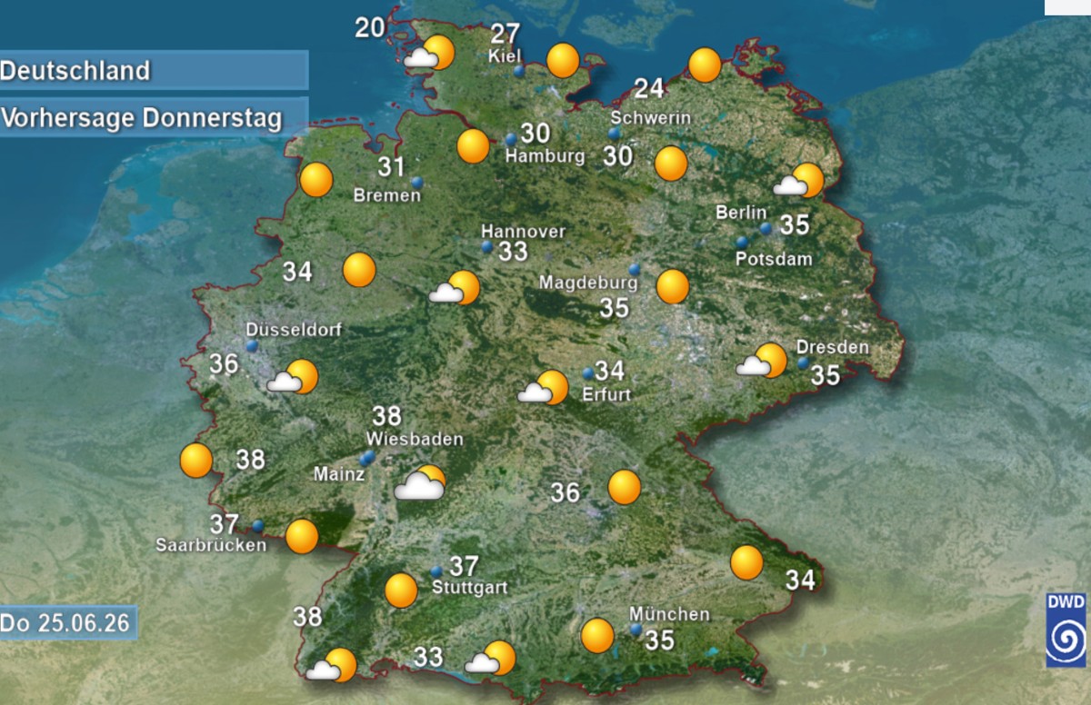 The temperatures forecast across Germany on Thursday.