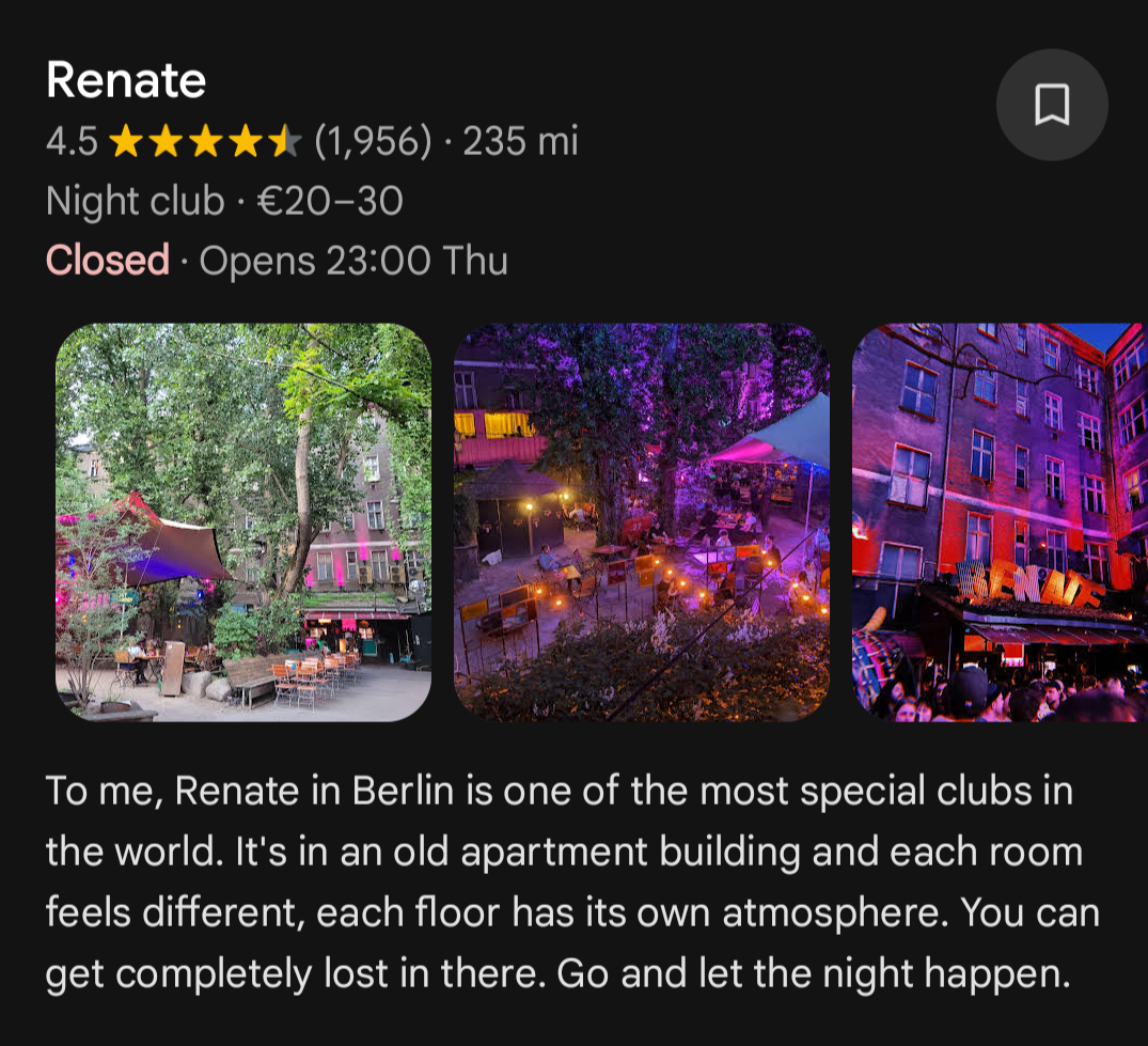 A screen from Google maps shows the Renate page with a couple user photos and also Dual Lipa's description of the place.