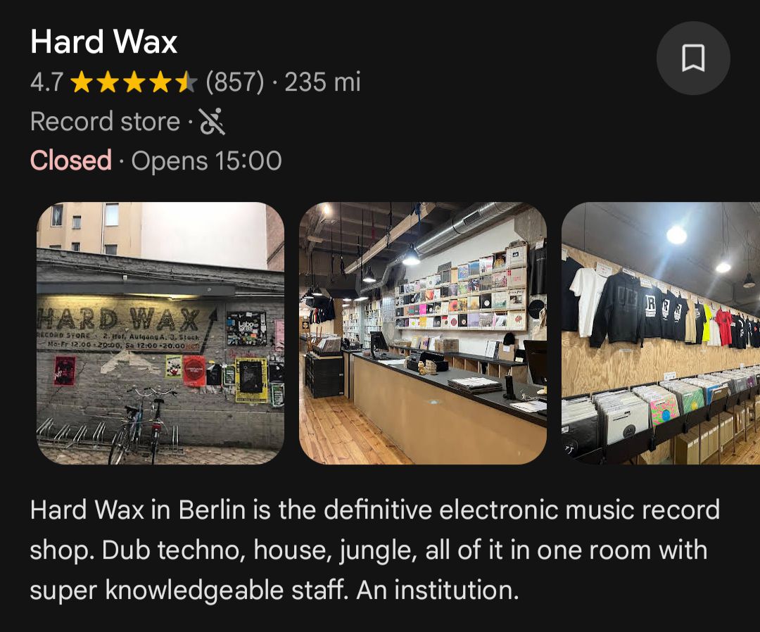 A screen from Google maps shows the Hard Wax page with a couple user photos and also Dual Lipa's description of the place.
