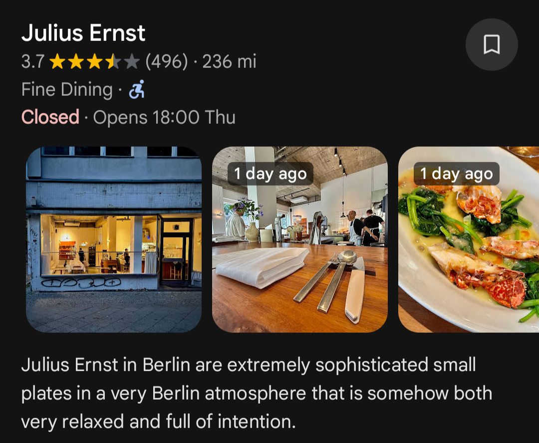 A screen from Google maps shows Julius Ernst with a couple user photos and also Dual Lipa's description of the place.