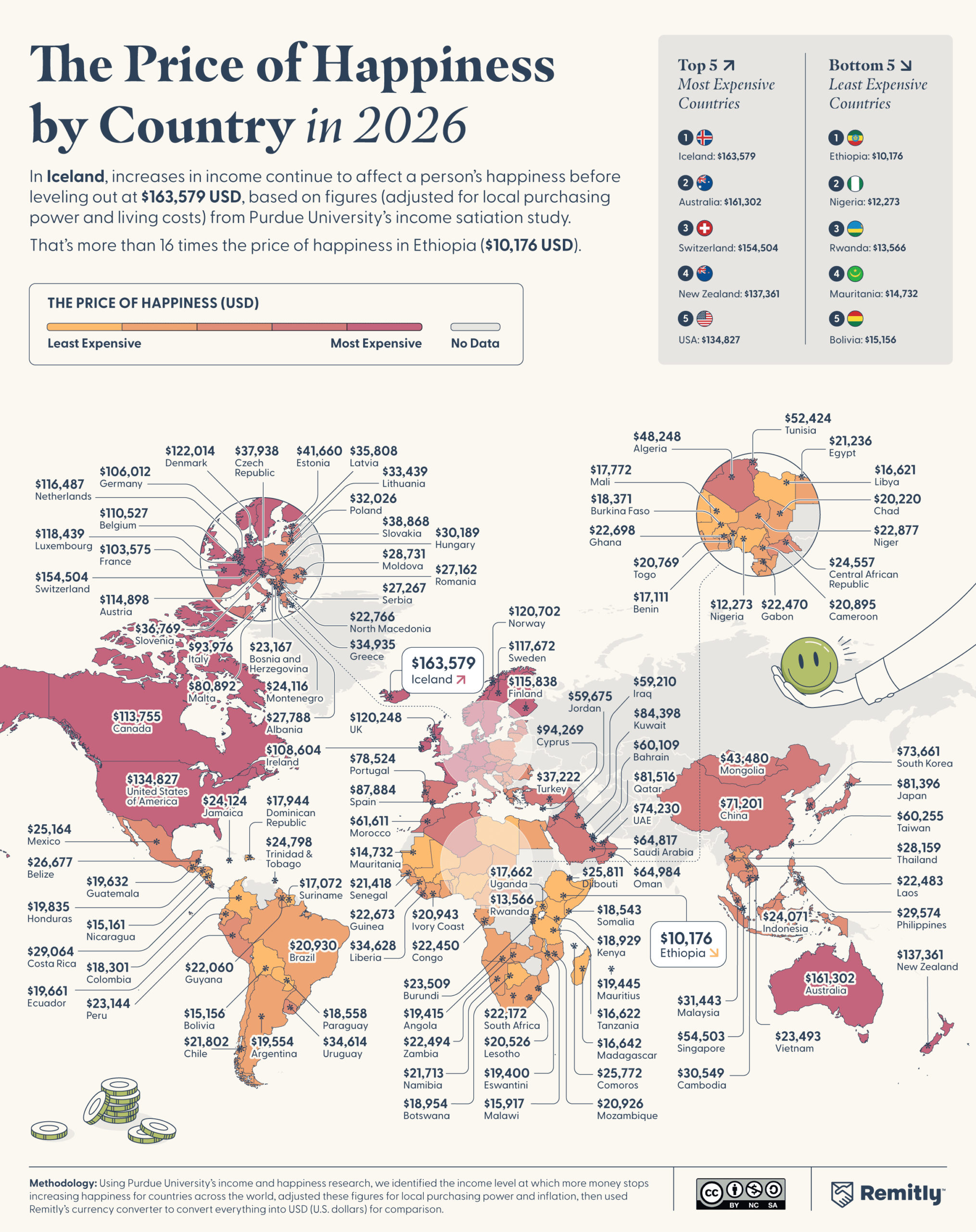 This map by Remitly shows the price of happines by country in 2026