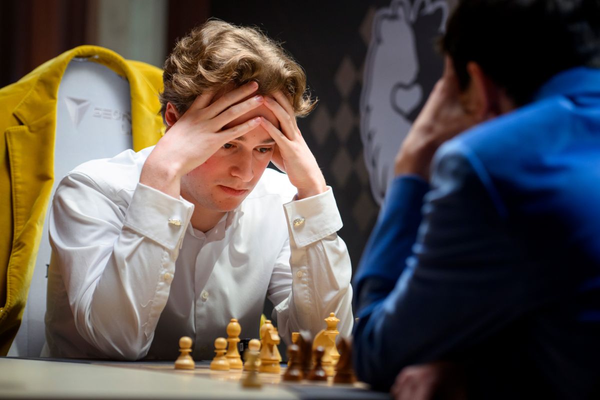 Chess champion Vincent Keymer seen playing another world class ranked player at a championship.