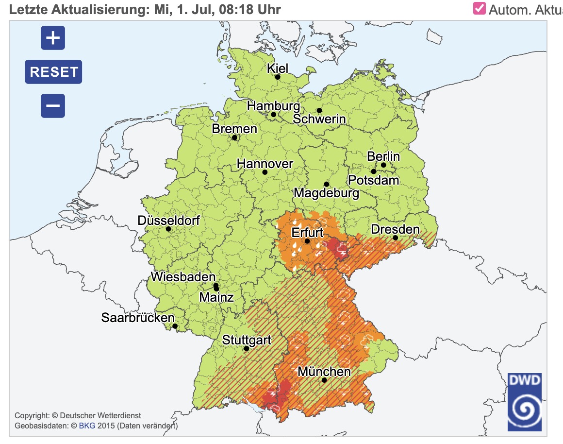 Screenshot from Germany's Weather Service (DWD) shows the extreme weather warnings in place on Wednesday morning.