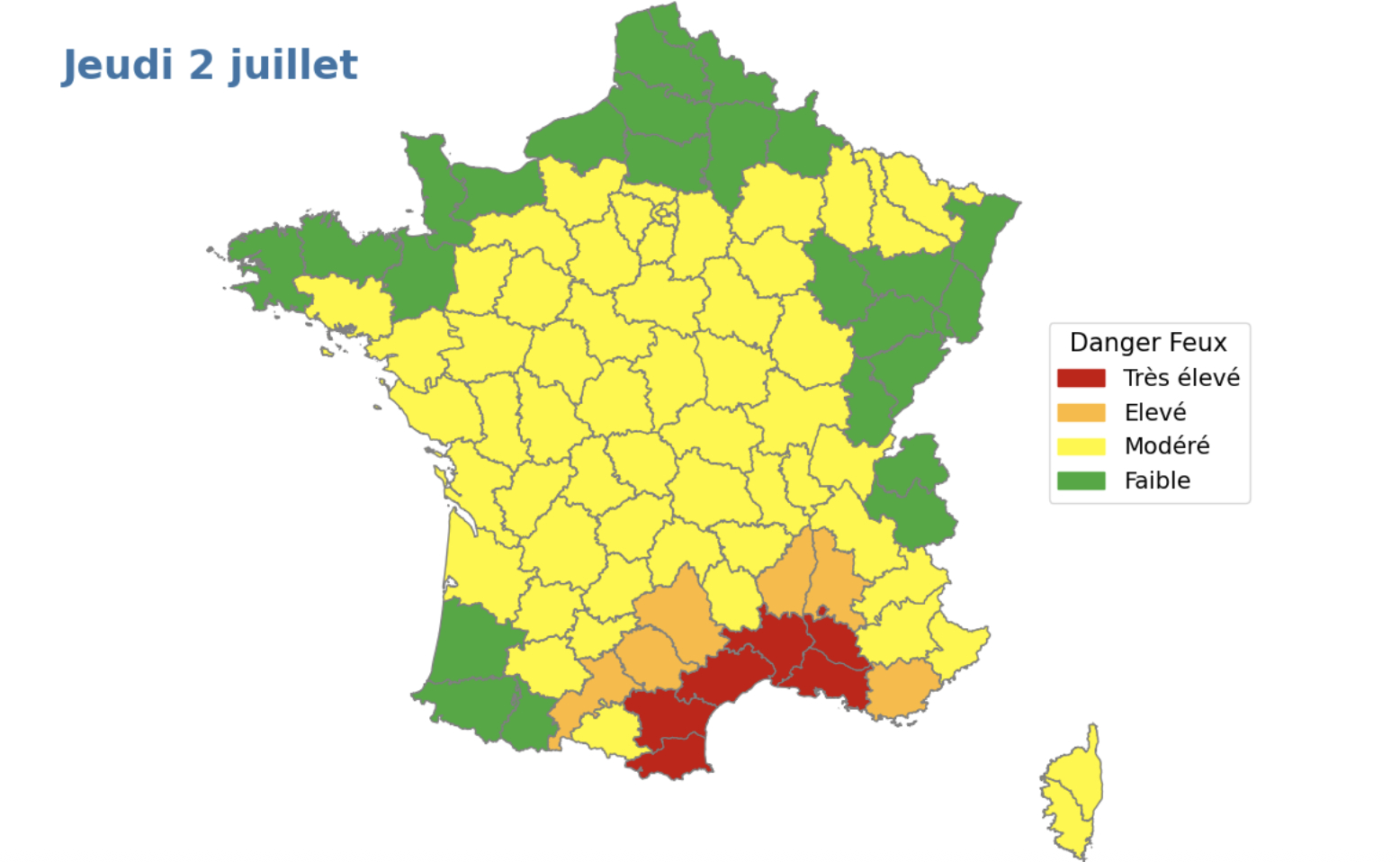 Meteo-France map for départements on fire alert for Thursday. 