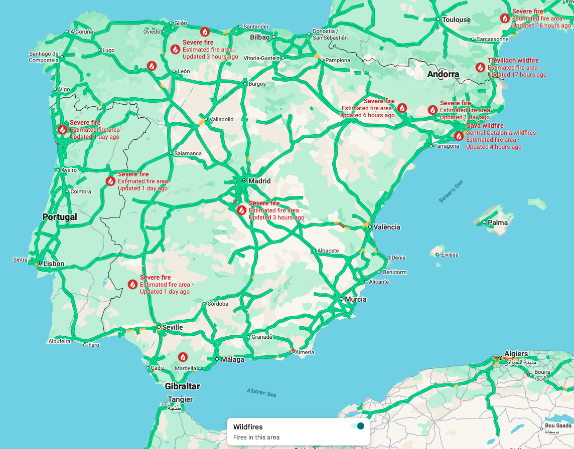 Spain wildfire map