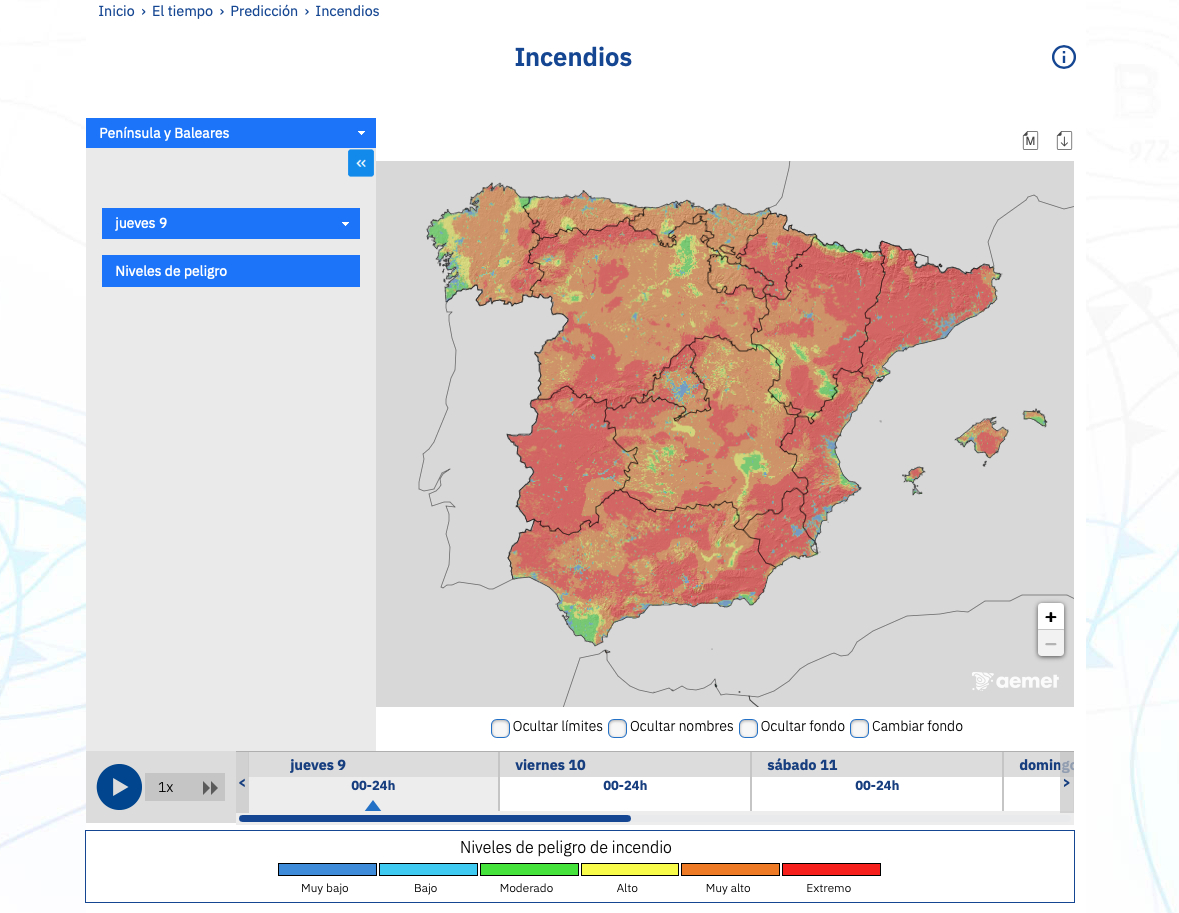 Spain Wildfire risk levels.