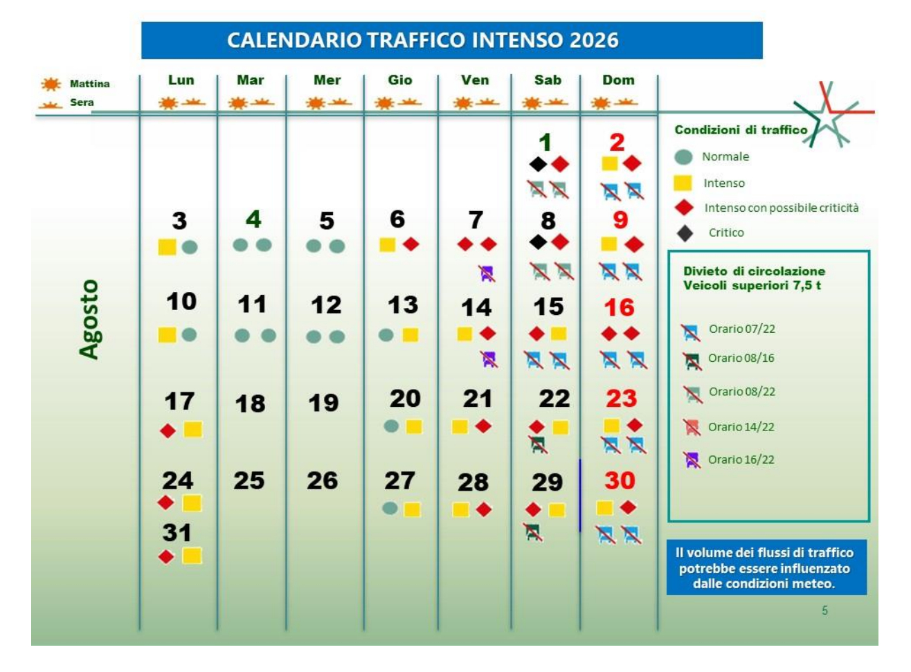Traffic calendar for August 2026