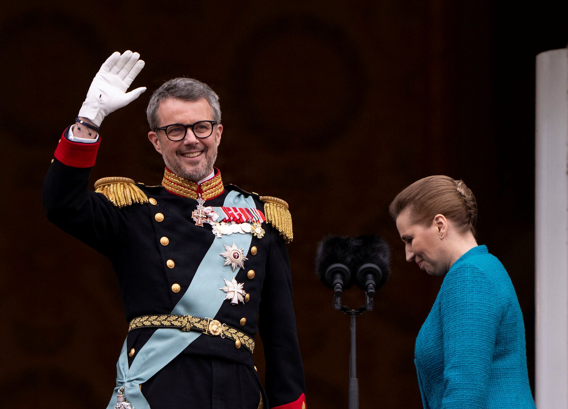 King Frederik X waves at crowds in Copenhagen during his proclamation on January 14th 2024