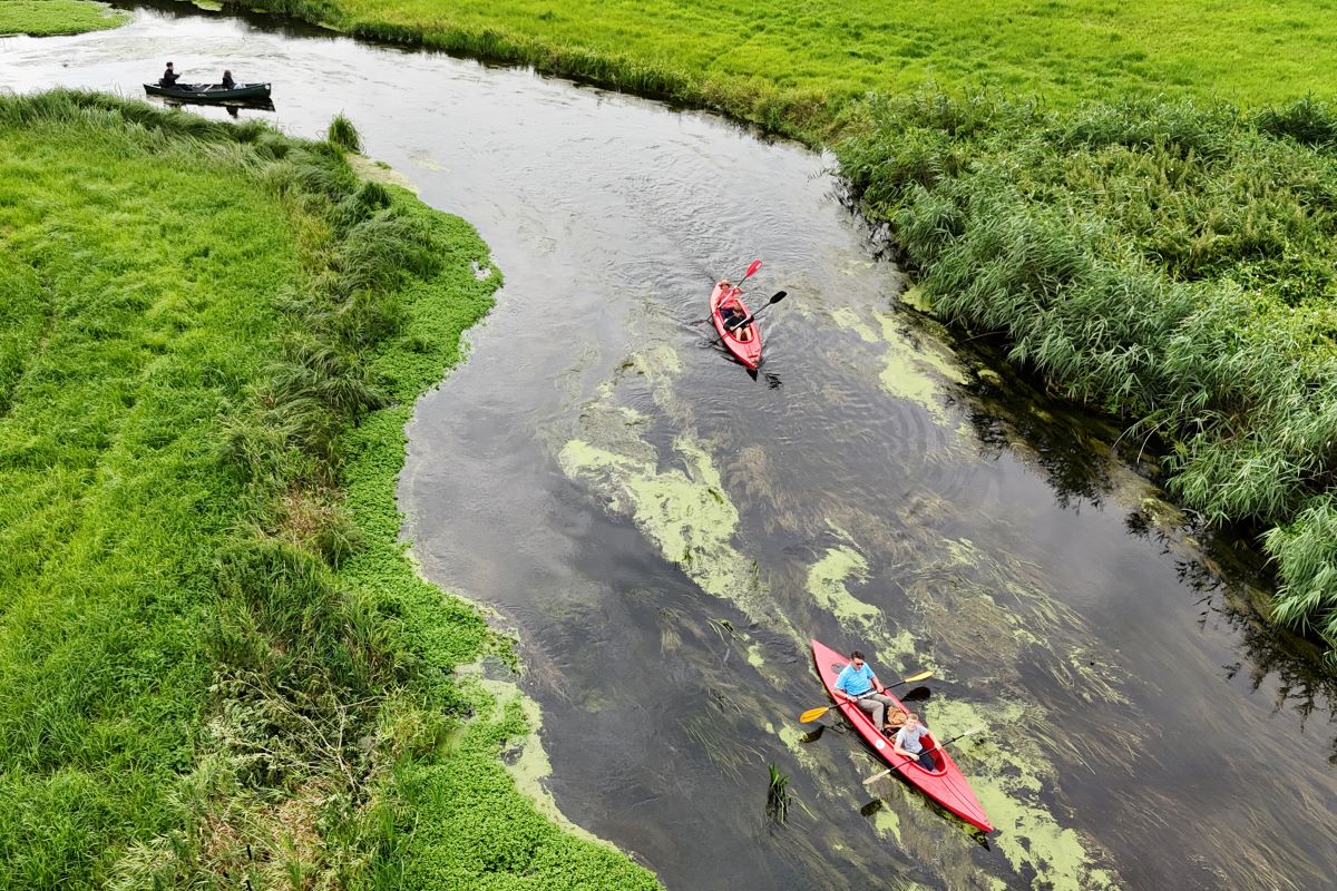 Tourists paddle kayaks down the Warnow River (aerial view taken with a drone). Water sports are becoming an increasingly important factor in Mecklenburg-Western Pomerania.
