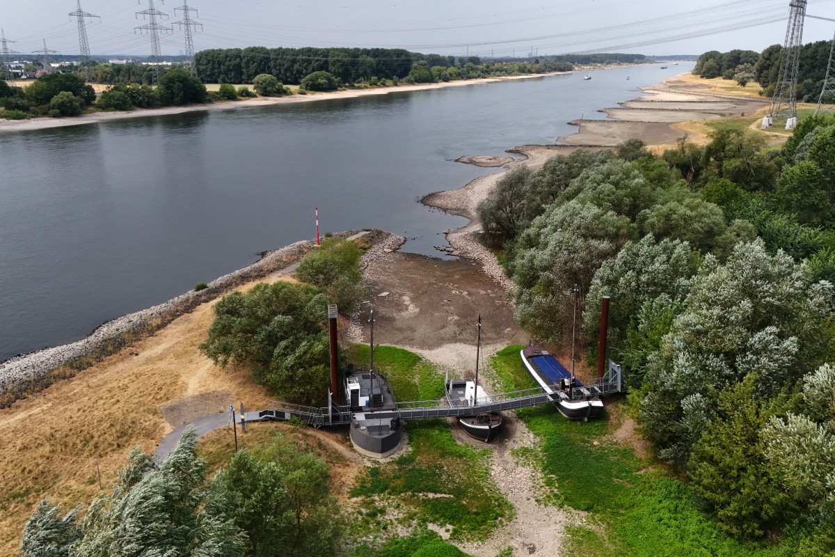 A bridge stands over dry land where a tributary to the Rhine has dried up.