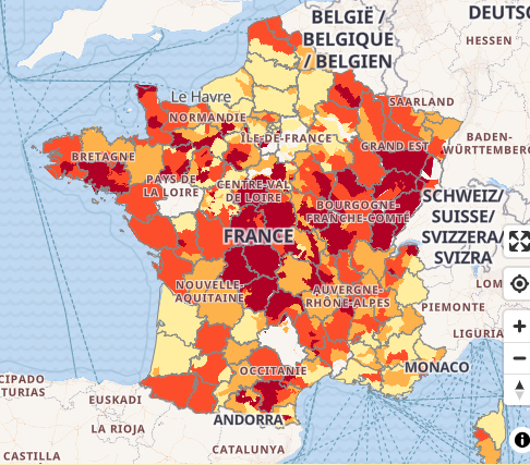 Water restrictions by area , large parts of central France are coloured red