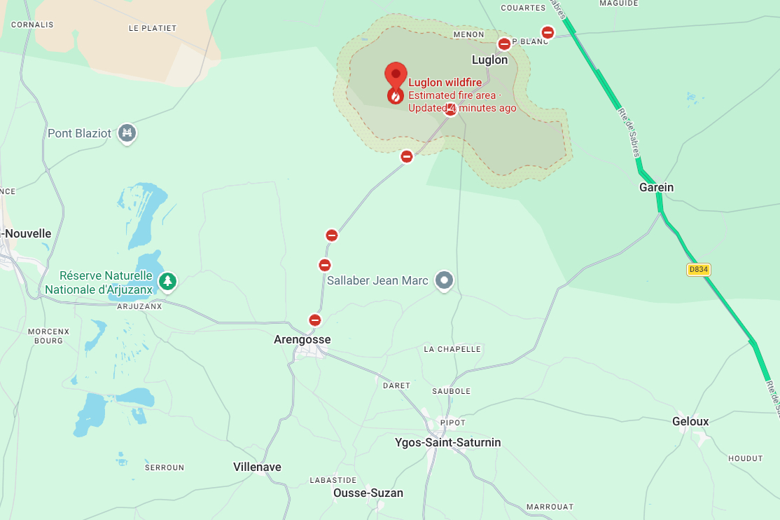 Road closures due to the Luglon wildfire