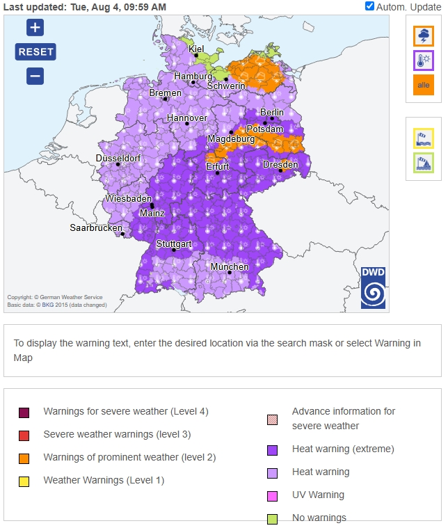 A map of Germany shows deep purple (extreme heat) warnings in place over the middle-south parts of Germany, as well as extreme weather areas in place in the north east.