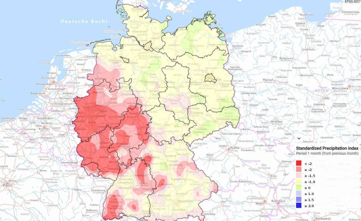 A map of Germany shows that rain levels have been particularly sparse in the south in the past month.