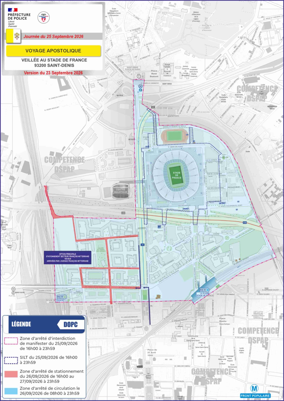 Map of the closed area at the Stade de France on Friday during the pope's visit. (Map: Paris Police)