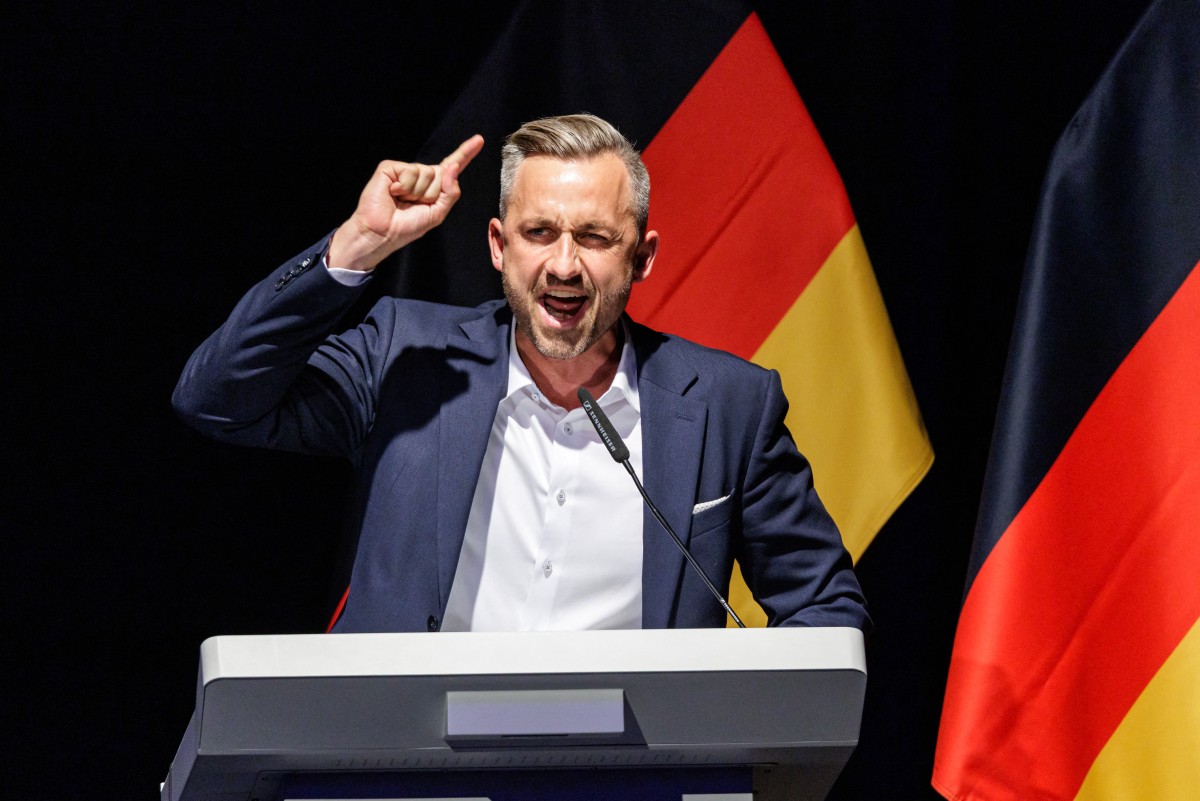 Ulrich Siegmund, far-right Alternative for Germany (AfD)'s main candidate in the Saxony-Anhalt state election,  speaks to delegates. 