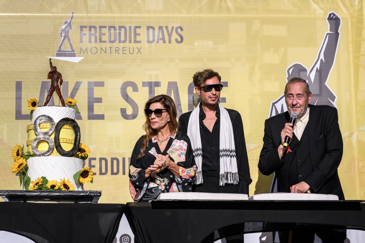 (From L) Freddie Mercury's sister Kashmira Bulsara, her son Jamal Zook and Freddie Mercury's former personal assistant Peter Freestone attends Montreux Freddie Day, marking the 80th anniversary of the birth of Queen frontman Freddie Mercury, in Montreux, Switzerland