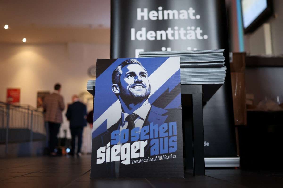 An election poster with the words 'This is how winners look like' by the publication 'Deutschland-Kurier', which is considered close to the far-right Alternative for Germany (AfD) party, shows AfD's main candidate in the Saxony-Anhalt state election Ulrich Siegmund.