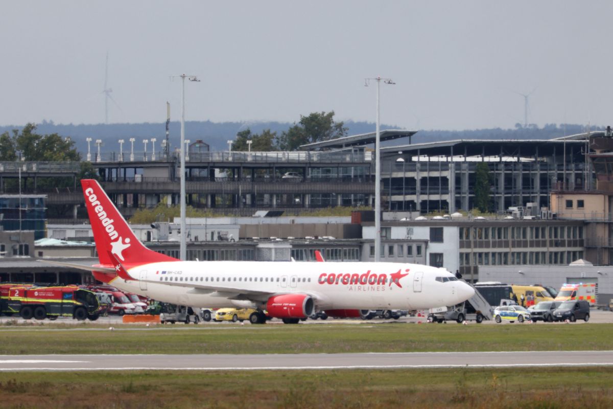 A Corendon passenger airplane is seen at Nuremberg after it sent a false alarm signal which caused a hijacking alarm.